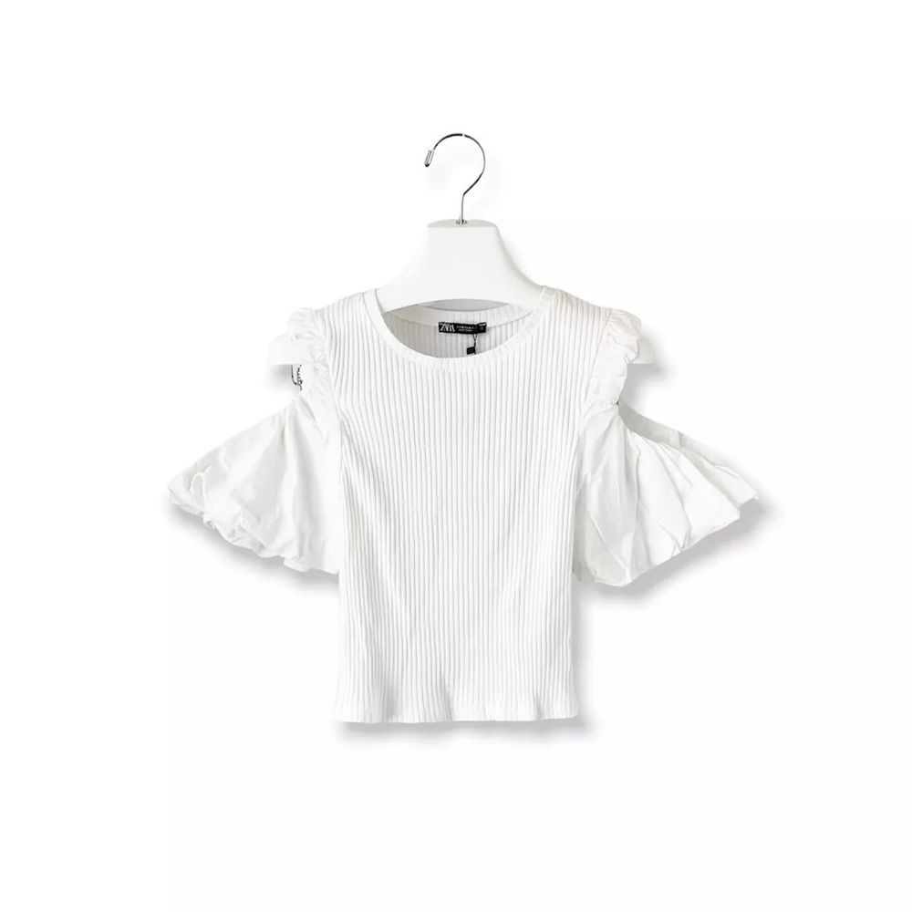 Zara | Cold Shoulder Puff Short Sleeve Crop Top Small White Ribbed - Picture 1 of 5